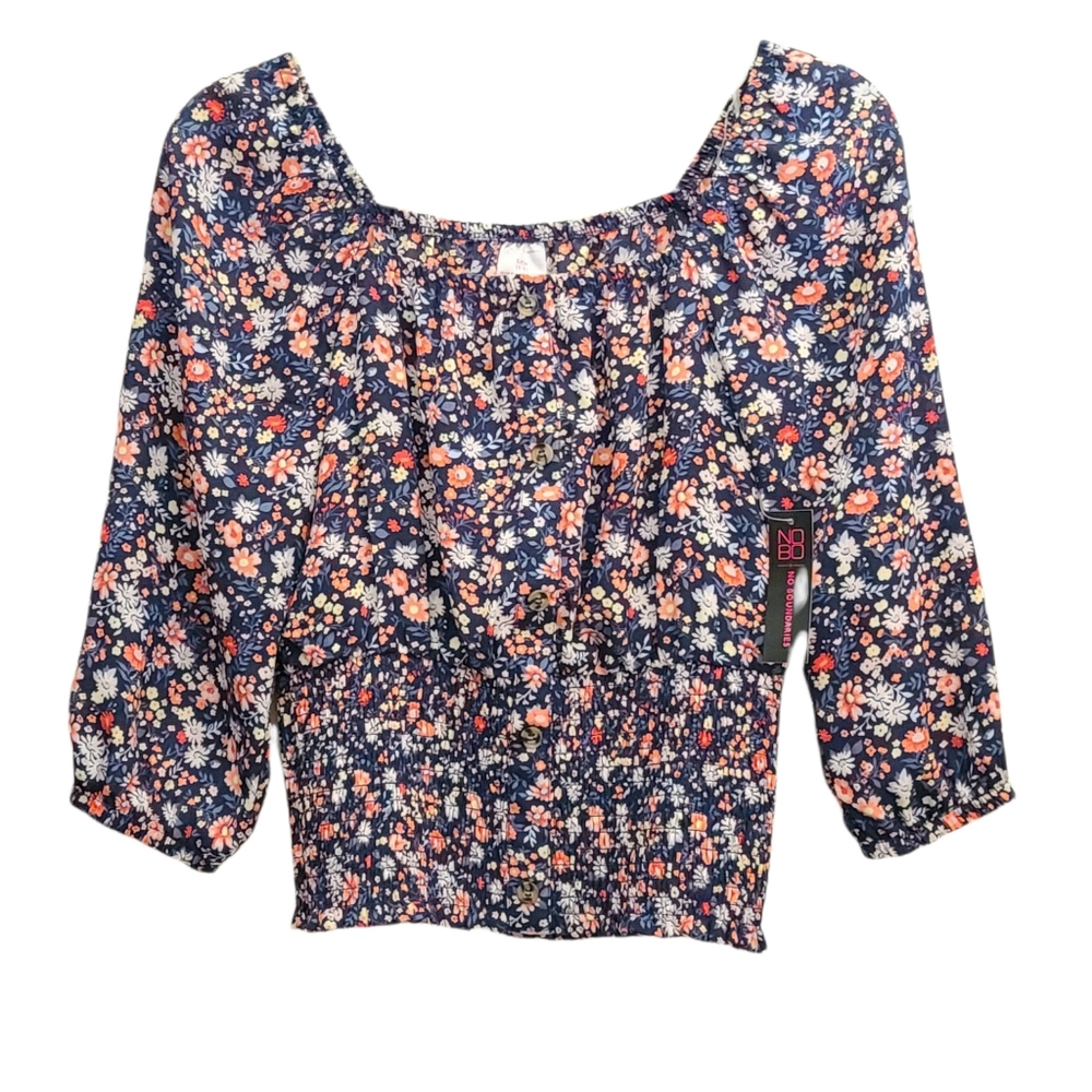 No Bounderies Off Shoulder Long Sleeve Smocked Sheer FloralCrop Top Blouse Small